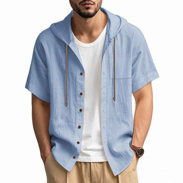 Men's Relaxed Fit Short Sleeve Hooded Shirt – Linen Blend – Button Closure Light Blue