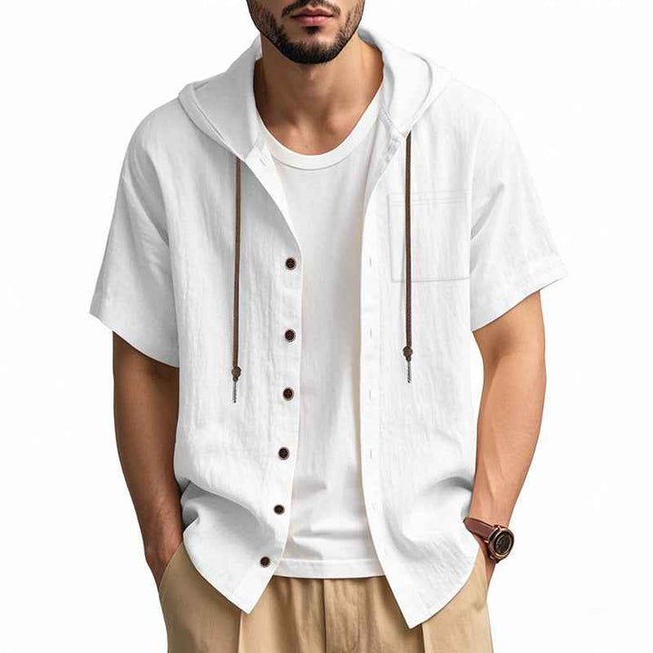 Men's Relaxed Fit Short Sleeve Hooded Shirt – Linen Blend – Button Closure White