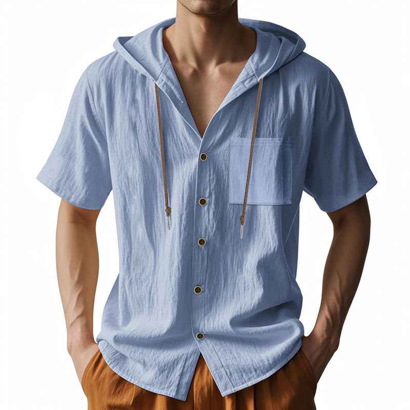 Men's Relaxed Fit Short Sleeve Hooded Shirt – Linen Blend – Button Closure