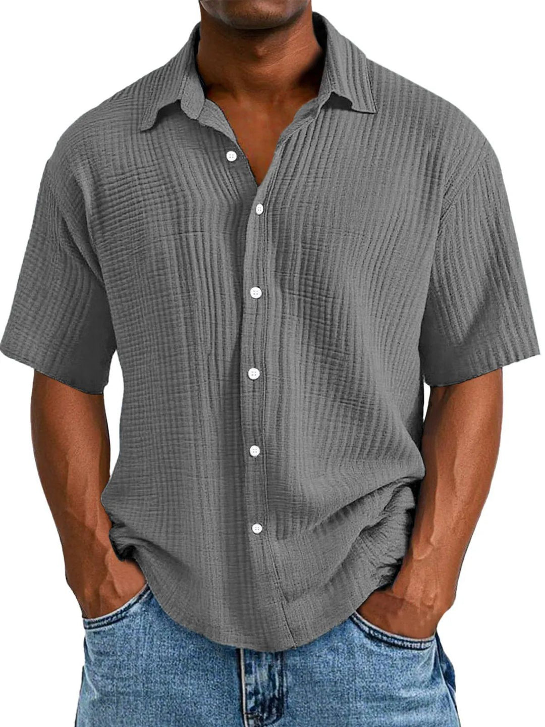 Men's Relaxed Fit Short Sleeve Shirt – Crinkle Texture – Breathable Double Layer Grey