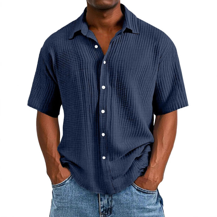 Men's Relaxed Fit Short Sleeve Shirt – Crinkle Texture – Breathable Double Layer Navy Blue