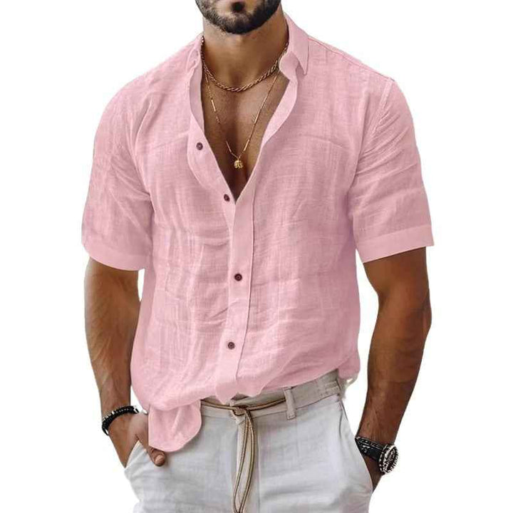 Men's Relaxed Fit Short Sleeve Shirt – Natural Fabric with Chest Pocket Pink