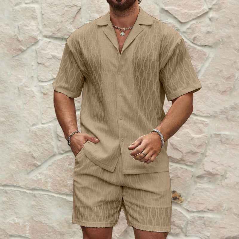 Men's Relaxed Fit Short Sleeve Shirt and Shorts Set – Breathable Fabric Khaki