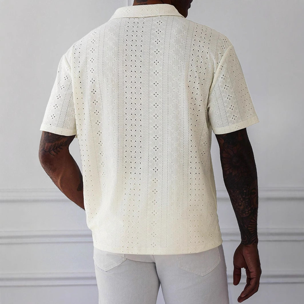 Men's Relaxed Fit T-shirt – V-neck – Jacquard Lace Design – Soft Breathable Knit