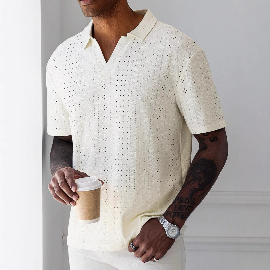 Men's Relaxed Fit T-shirt – V-neck – Jacquard Lace Design – Soft Breathable Knit