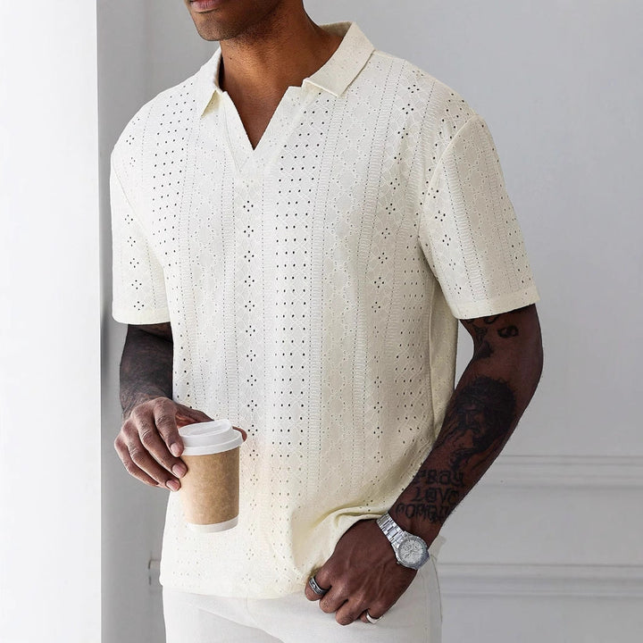 Men's Relaxed Fit T-shirt – V-neck – Jacquard Lace Design – Soft Breathable Knit