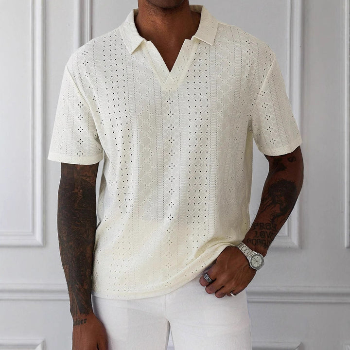 Men's Relaxed Fit T-shirt – V-neck – Jacquard Lace Design – Soft Breathable Knit White