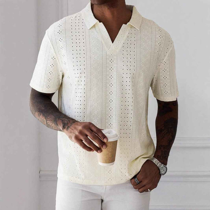 Men's Relaxed Fit T-shirt – V-neck – Jacquard Lace Design – Soft Breathable Knit