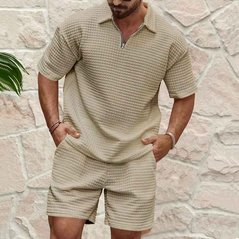 Men's Relaxed Fit Waffle Texture Set – Breathable Short Sleeves & Shorts Khaki