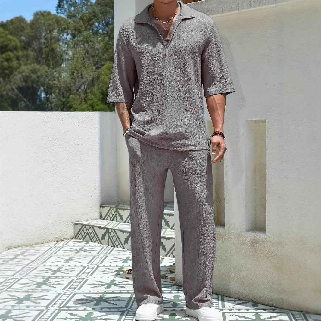 Men's Relaxed Fit Zip Collar Shirt & Straight Pants Set – Breathable Fabric Grey