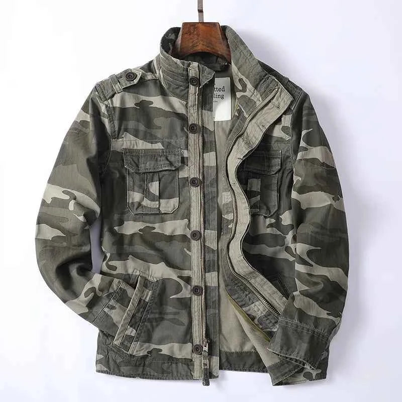 Men's Retro Denim Cargo Jacket Green Camo