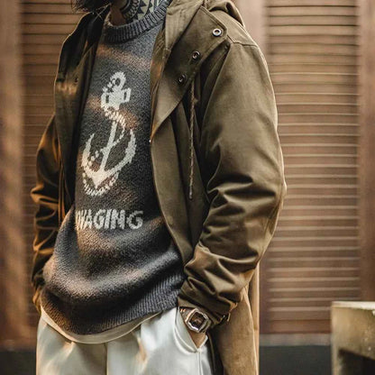 Men's Cotton Jacket Loose Fit Solid Hood Coffee Winter Long Sleeve