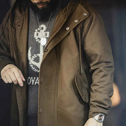 Men's Cotton Jacket Loose Fit Solid Hood Coffee Winter Long Sleeve