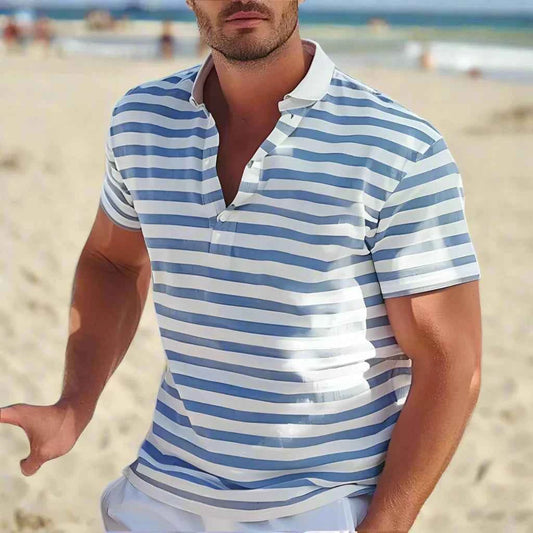 Men's Retro Striped Casual Polo Shirt Blue