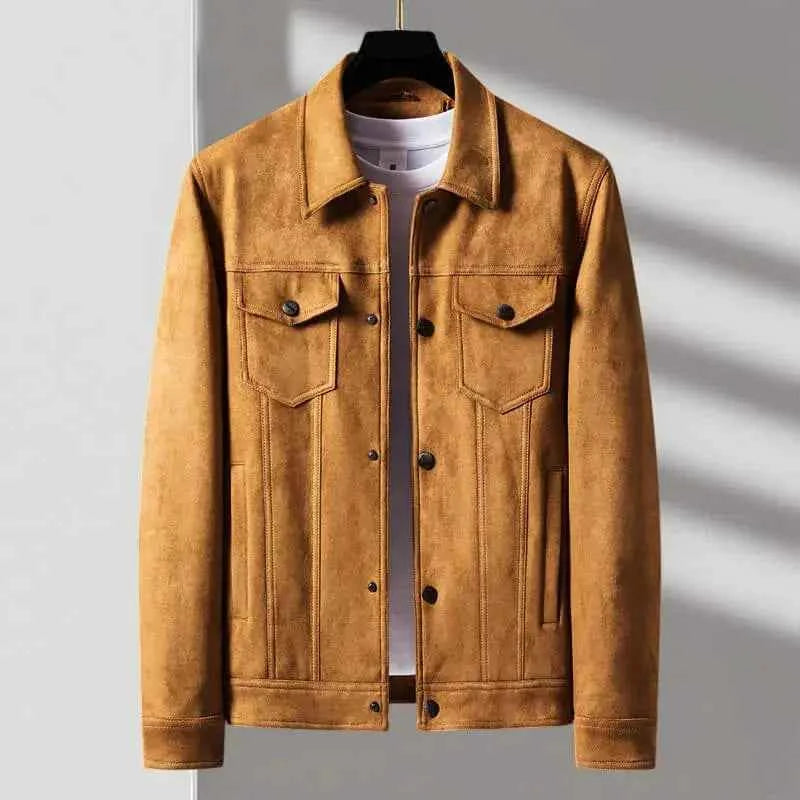 Men's Retro Suede Jacket with Button Front Cognac Brown