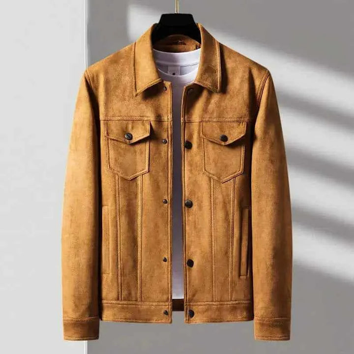 Men's Retro Suede Jacket with Button Front Cognac Brown