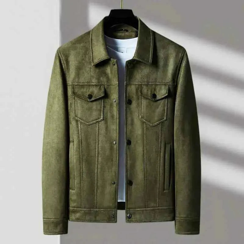 Men's Retro Suede Jacket with Button Front Army Green