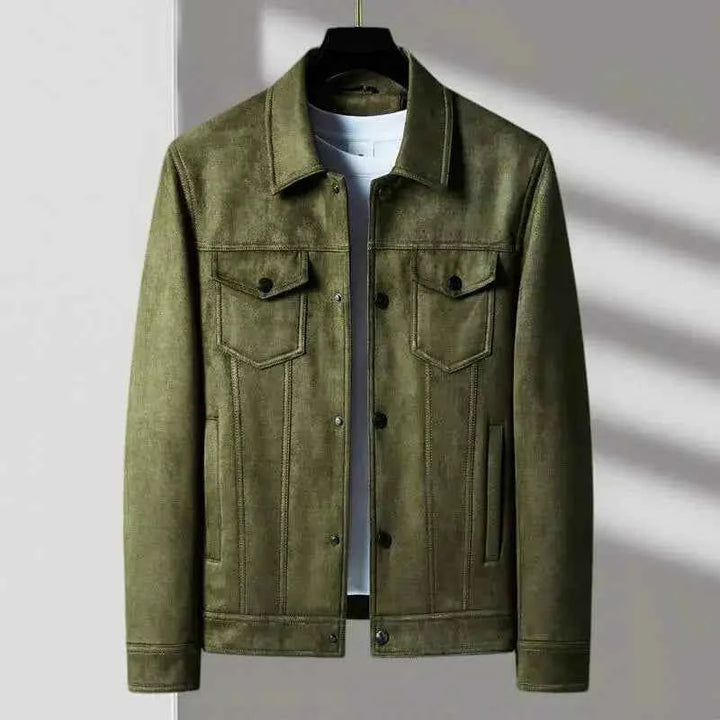 Men's Retro Suede Jacket with Button Front Army Green