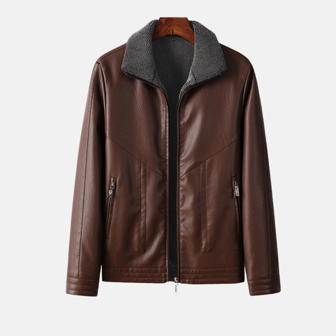 Men's Reversible Faux Leather Jacket with Fleece Lining - Regular Fit Brown