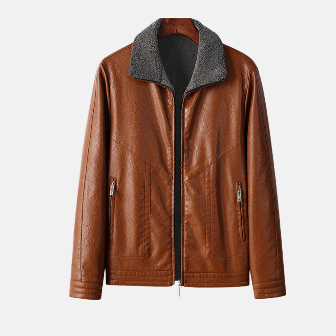 Men's Reversible Faux Leather Jacket with Fleece Lining - Regular Fit Khaki