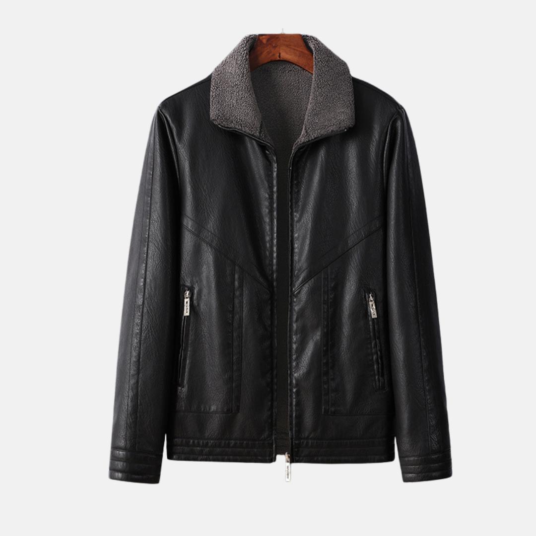 Men's Reversible Faux Leather Jacket with Fleece Lining - Regular Fit Black