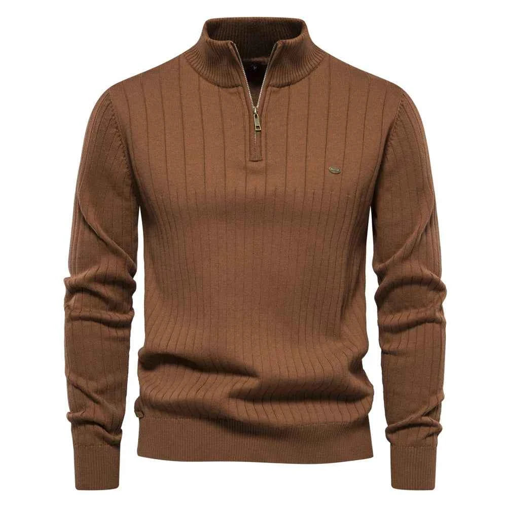 Men's Ribbed Knit Half Zip Sweater with Stand Collar - Regular Fit Long Sleeve Brown