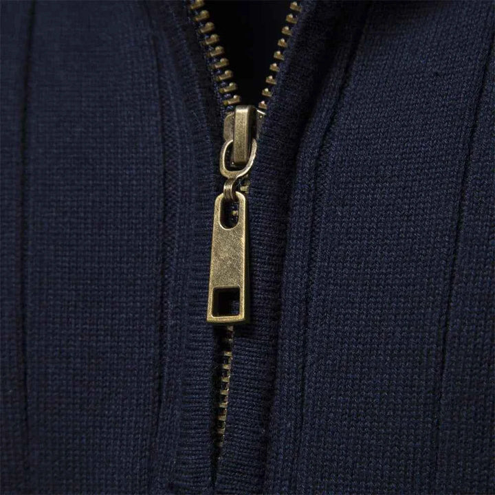 Men's Ribbed Knit Half Zip Sweater with Stand Collar - Regular Fit Long Sleeve