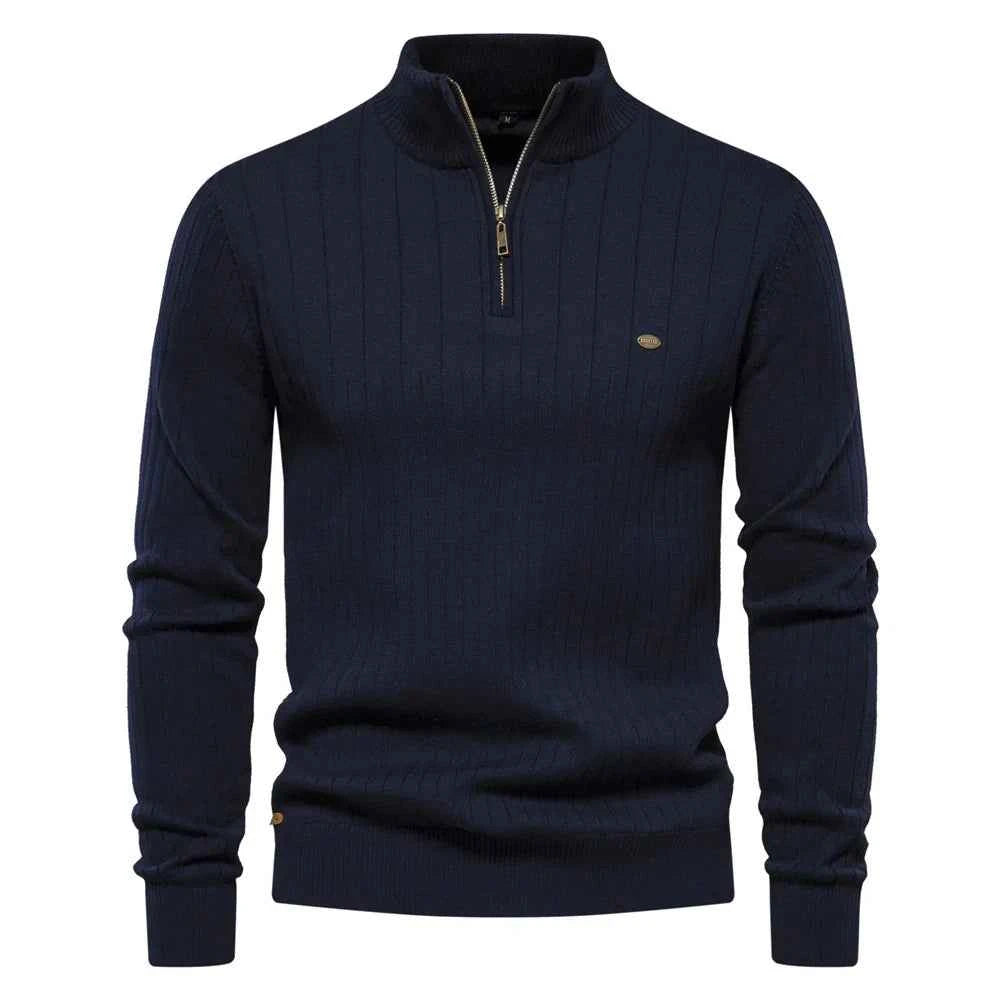 Men's Ribbed Knit Half Zip Sweater with Stand Collar - Regular Fit Long Sleeve Navy Blue