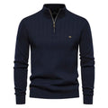 Men's Black Ribbed Knit Half Zip Stand Collar Winter Pullover Navy Blue