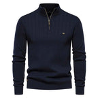 Men's Black Ribbed Knit Half Zip Stand Collar Winter Pullover Navy Blue
