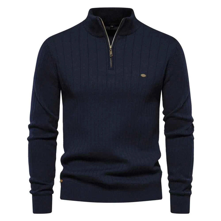 Men's Ribbed Knit Half Zip Sweater with Stand Collar - Regular Fit Long Sleeve Navy Blue