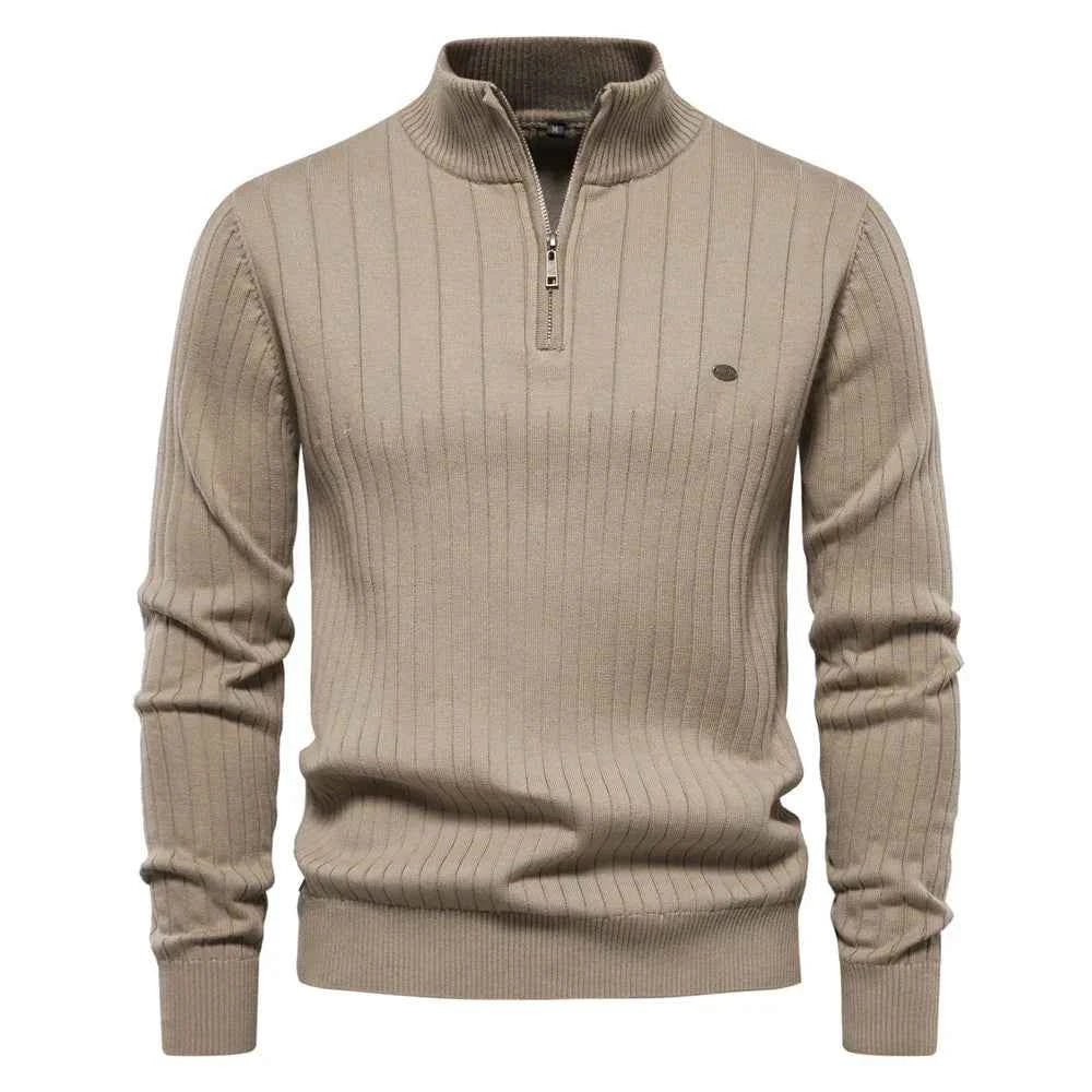 Men's Ribbed Knit Half Zip Sweater with Stand Collar - Regular Fit Long Sleeve Khaki