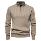 Men's Black Ribbed Knit Half Zip Stand Collar Winter Pullover Khaki