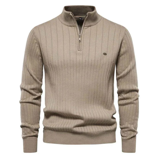 Men's Black Ribbed Knit Half Zip Stand Collar Winter Pullover Khaki