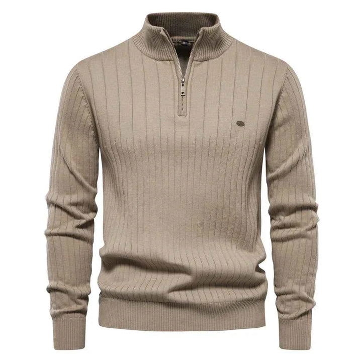 Men's Ribbed Knit Half Zip Sweater with Stand Collar - Regular Fit Long Sleeve Khaki