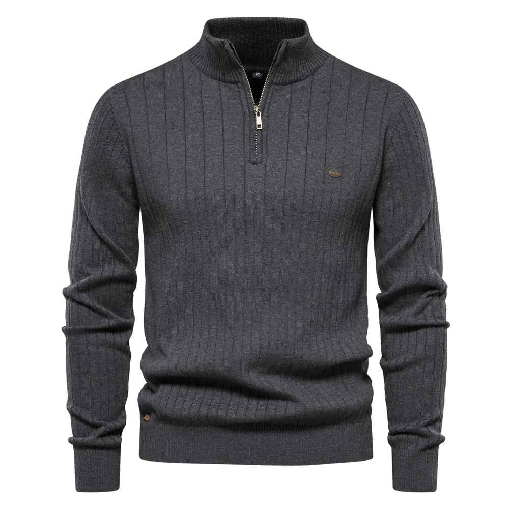 Men's Ribbed Knit Half Zip Sweater with Stand Collar - Regular Fit Long Sleeve Dark Grey