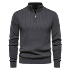 Men's Black Ribbed Knit Half Zip Stand Collar Winter Pullover Dark Grey