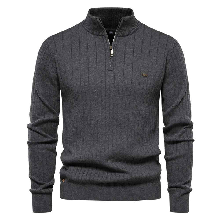 Men's Ribbed Knit Half Zip Sweater with Stand Collar - Regular Fit Long Sleeve Dark Grey