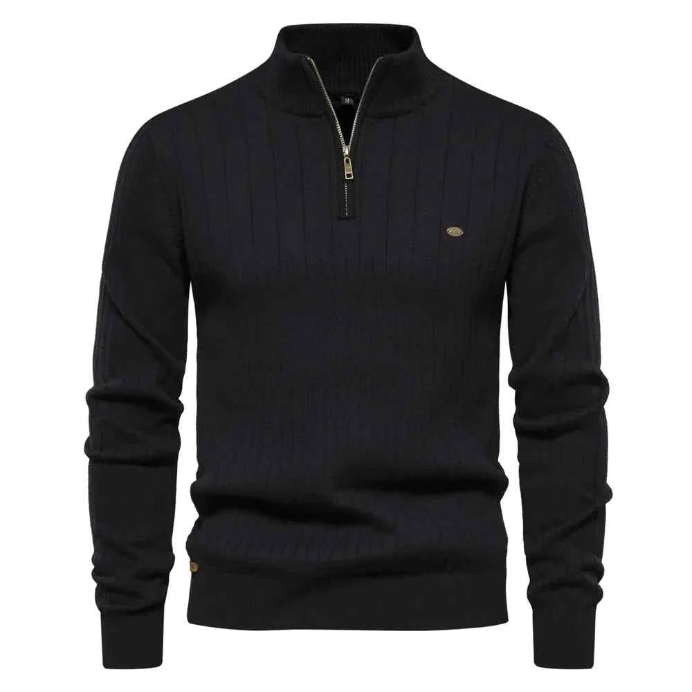 Men's Ribbed Knit Half Zip Sweater with Stand Collar - Regular Fit Long Sleeve Black