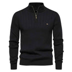 Men's Black Ribbed Knit Half Zip Stand Collar Winter Pullover Black