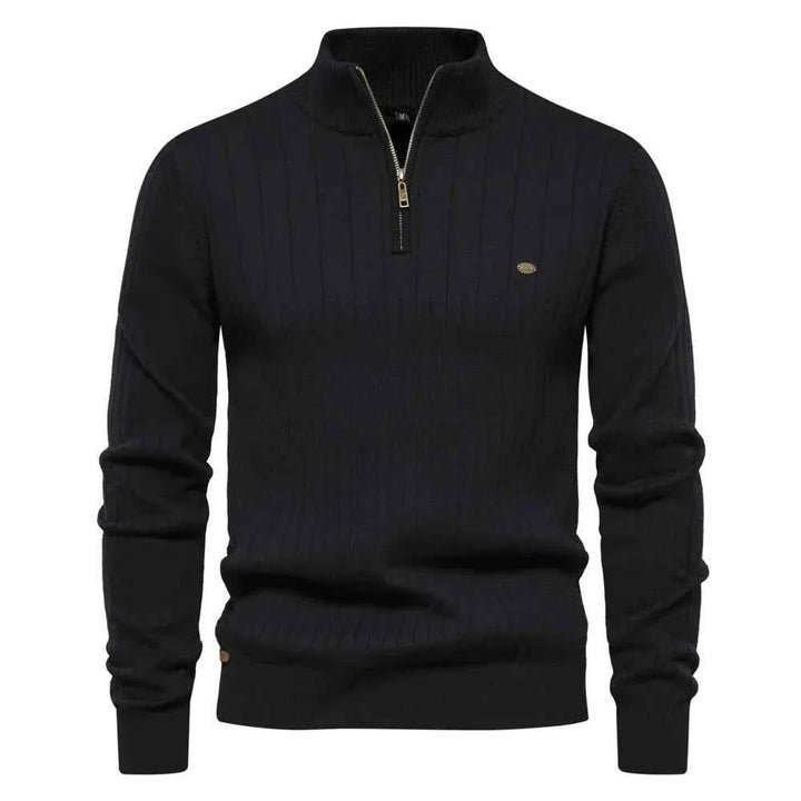 Men's Ribbed Knit Half Zip Sweater with Stand Collar - Regular Fit Long Sleeve Black