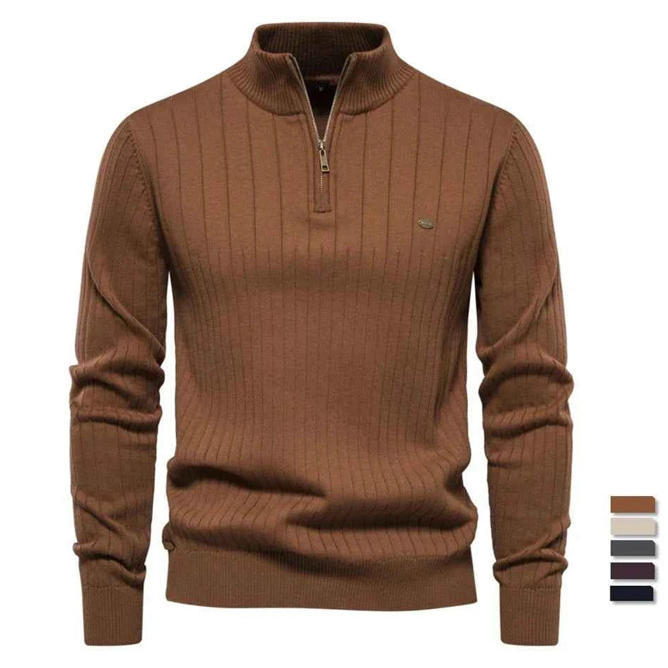 Men's Black Ribbed Knit Half Zip Stand Collar Winter Pullover