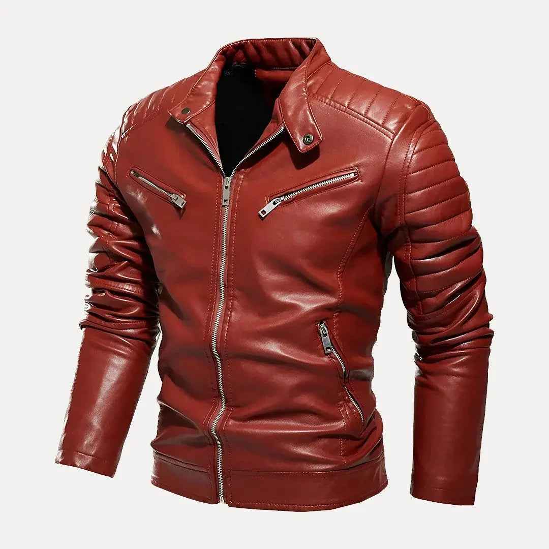 Men's Route 66 Moto Leather Jacket - Stylish Biker Outerwear Crimson Blaze
