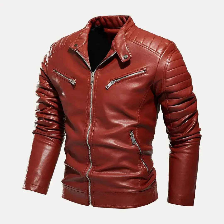 Men's Route 66 Moto Leather Jacket - Stylish Biker Outerwear Crimson Blaze