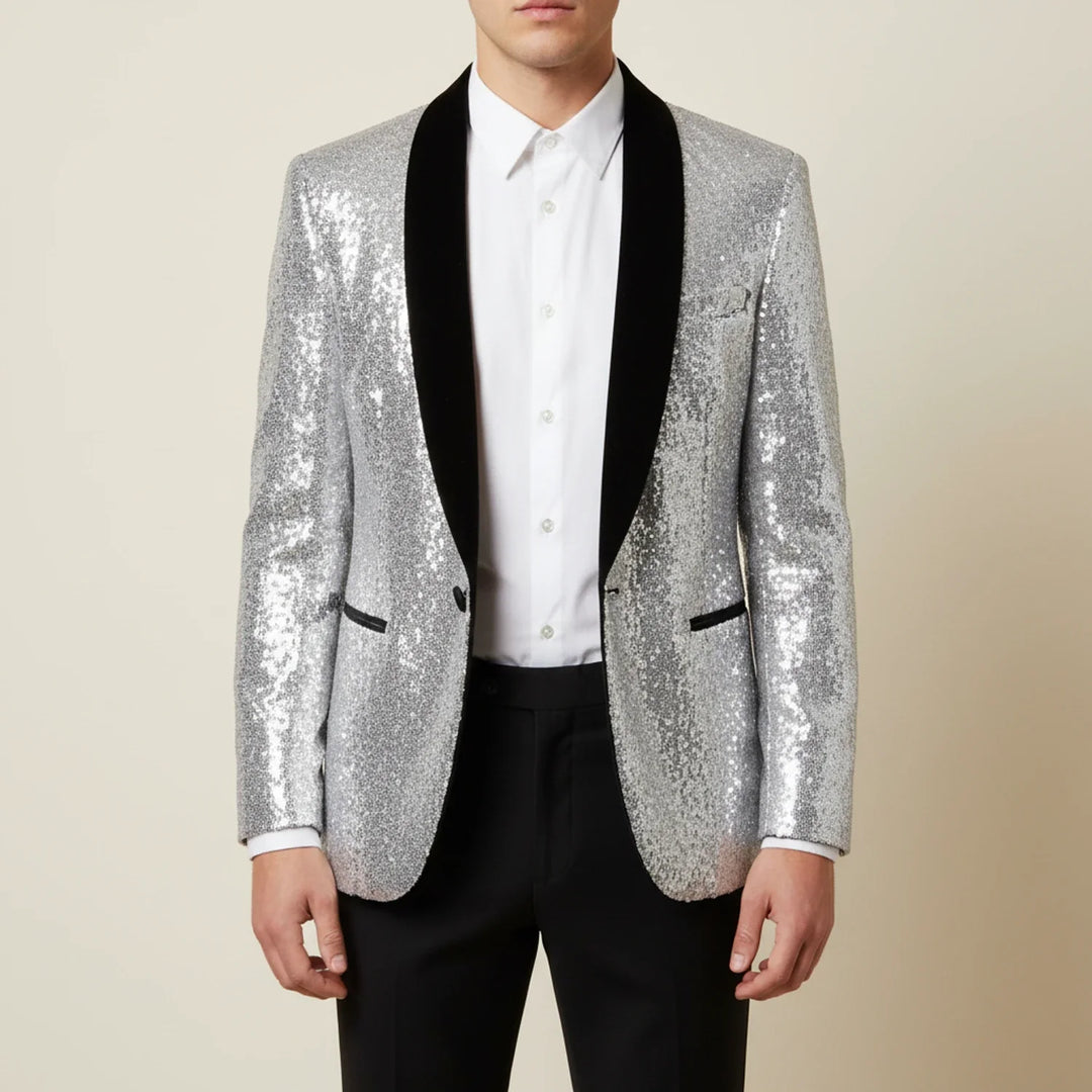 Men's Sequin Blazer Jacket Silver