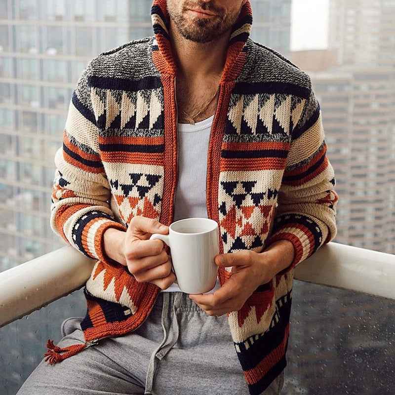 Men's Shawl Collar Cardigan – Knitted Wool Blend with Tribal Motif – Comfortable Fit
