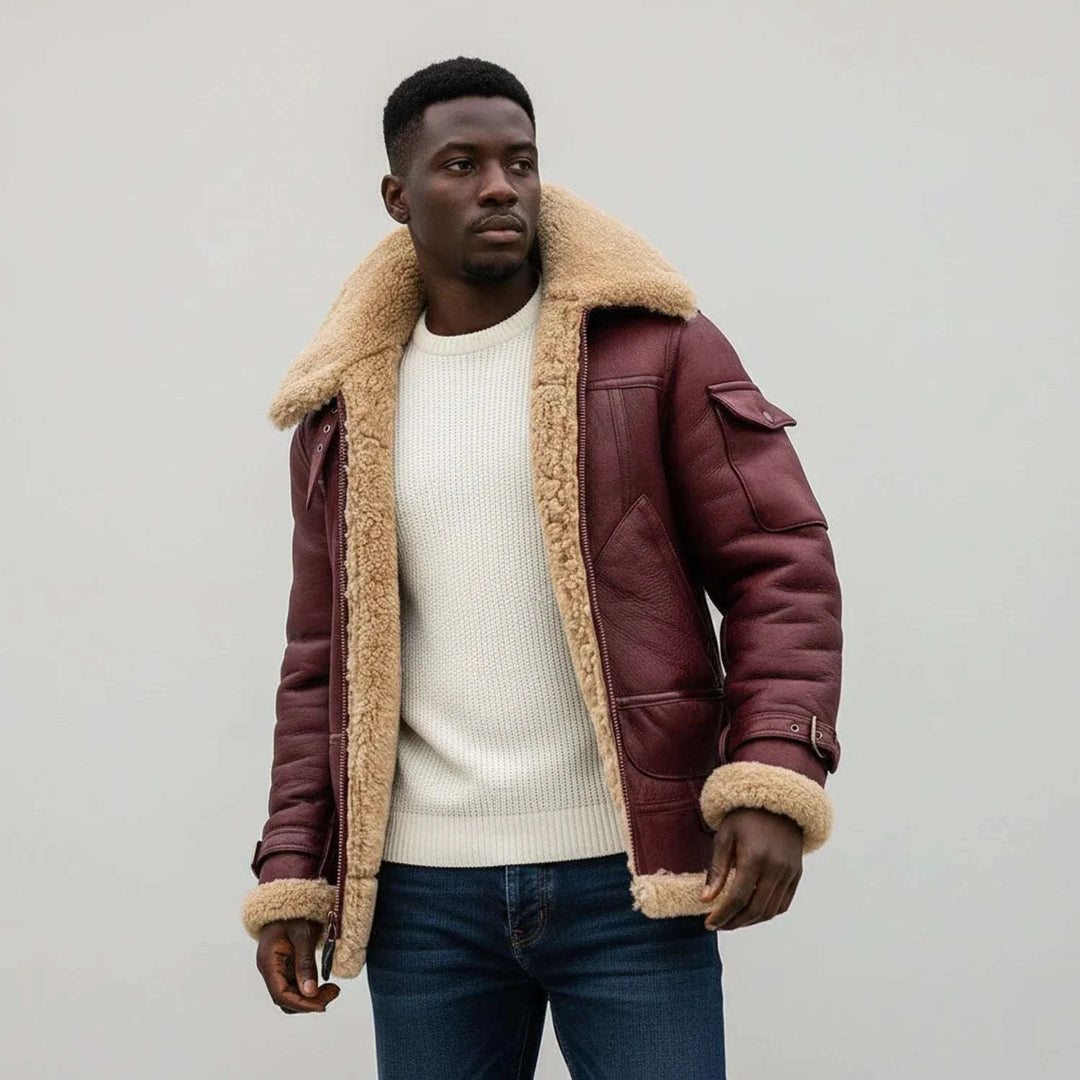 Men's Shearling Aviator Jacket Burgundy