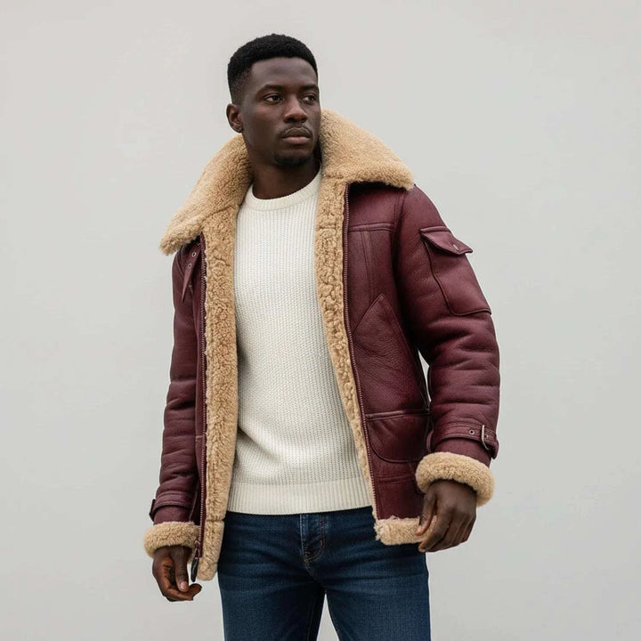 Men's Shearling Aviator Jacket Burgundy