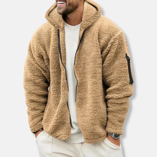 Men's Sherpa Relaxed Fit Zipper Ribbed Cuffs Solid Khaki Winter Hoodie Khaki
