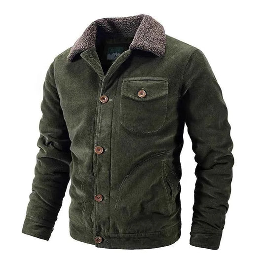 Men's Corduroy Zip-front Stand Collar Insulated Jacket Winter Green